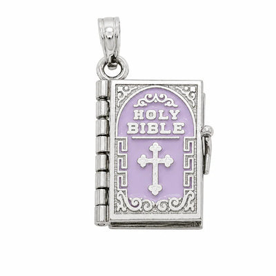 Sterling Silver High Polish Small Purple Colored Enamel English Bible Pendant