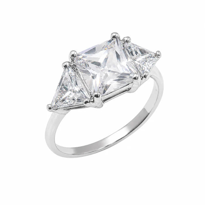 Sterling Silver Rhodium Plated Three Stone Princess Cut CZ Bridal Engagement Ring