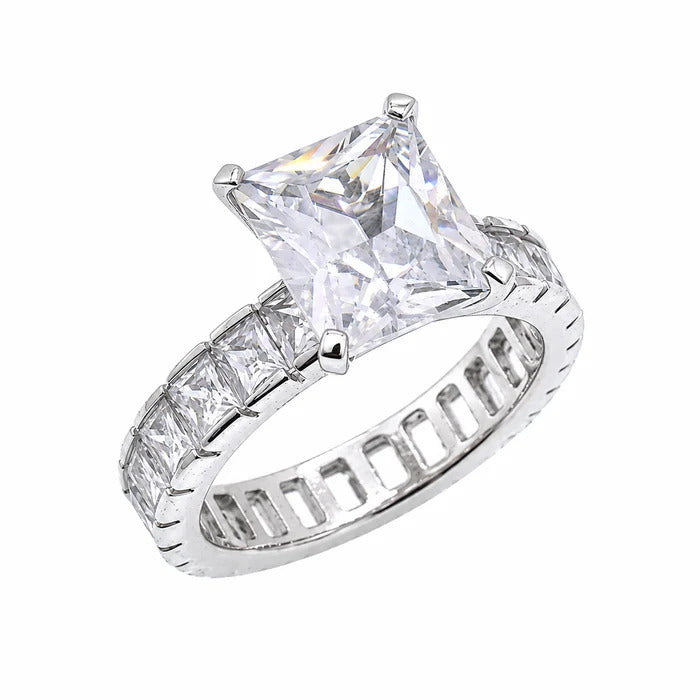 Sterling Silver Rhodium Plated Large Princess Cut CZ With Accent Stones Bridal Engagement Ring