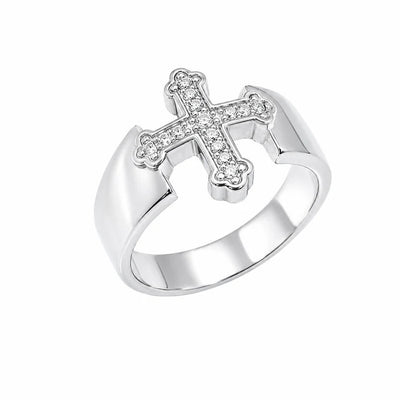 Sterling Silver Rhodium Plated Unisex CZ Cross Ring