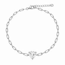 Load image into Gallery viewer, Sterling Silver Rhodium Plated Clear CZ Heart Paper Link Chain Bracelet