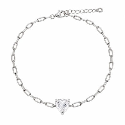 Sterling Silver Rhodium Plated Clear CZ Heart Paper Link Chain Bracelet