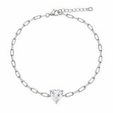 Sterling Silver Rhodium Plated Clear CZ Heart Paper Link Chain Bracelet