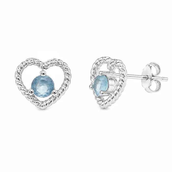 Sterling Silver Rhodium Plated Twisted Heart Outline With Blue CZ Earrings