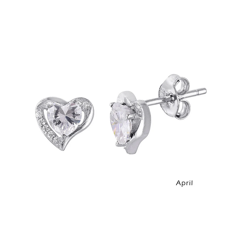 Sterling Silver Rhodium Plated Elegant Heart CZ Birth Earrings with Earring Dimensions of 7.9MMx8.6MM and Friction Back Post