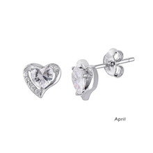 Load image into Gallery viewer, Sterling Silver Rhodium Plated Elegant Heart CZ Birth Earrings with Earring Dimensions of 7.9MMx8.6MM and Friction Back Post