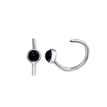 Load image into Gallery viewer, Sterling Silver Rhodium Plated Round Onyx Semi-Hoop Earrings