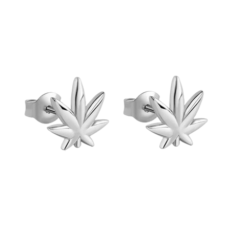 Sterling Silver Rhodium Plated Cannabis Stud Earrings