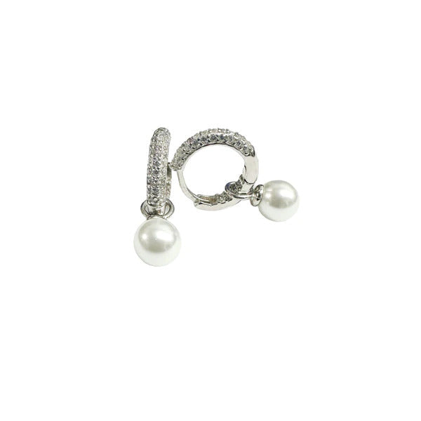 Sterling Silver Rhodium Plated Dangling Pearl Clear CZ Hoop Earrings
