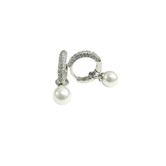 Sterling Silver Rhodium Plated Dangling Pearl Clear CZ Hoop Earrings