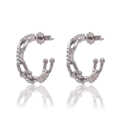 Sterling Silver Rhodium Plated Paperclip Clear CZ Semi Hoop Stud Earring
