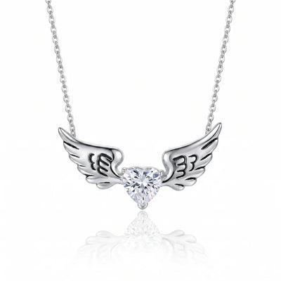 Sterling Silver Rhodium Plated Winged CZ Heart Pendant Necklace