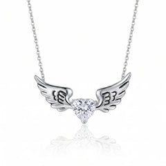 Sterling Silver Rhodium Plated Winged CZ Heart Pendant Necklace