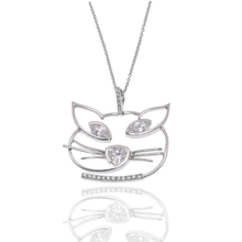 Load image into Gallery viewer, Sterling Silver Rhodium Plated Whimsical Cat Face Marquise Clear CZ Necklace