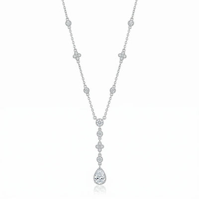Sterling Silver Rhodium Plated Bezel And Teardrop Dangle Necklace