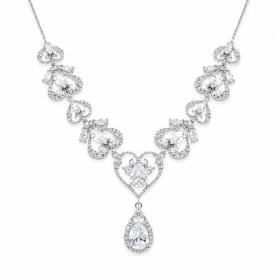 Sterling Silver Rhodium Plated Victorian Hearts Teardrop Clear CZ Bridal Necklace