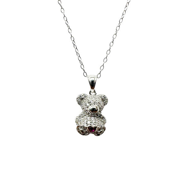 Sterling Silver Rhodium Plated Bear Heart Red and Clear CZ Pendant Necklace