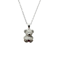 Sterling Silver Rhodium Plated Bear Heart Red and Clear CZ Pendant Necklace