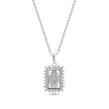 Load image into Gallery viewer, Sterling Silver Rhodium Plated Framed Our Lady Of Guadalupe Pear Shaped Clear CZ Adjustable Pendant Necklace