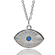 Load image into Gallery viewer, Sterling Silver Rhodium Plated Synthetic White Pearl Evil Eye Blue CZ Pendant Necklace