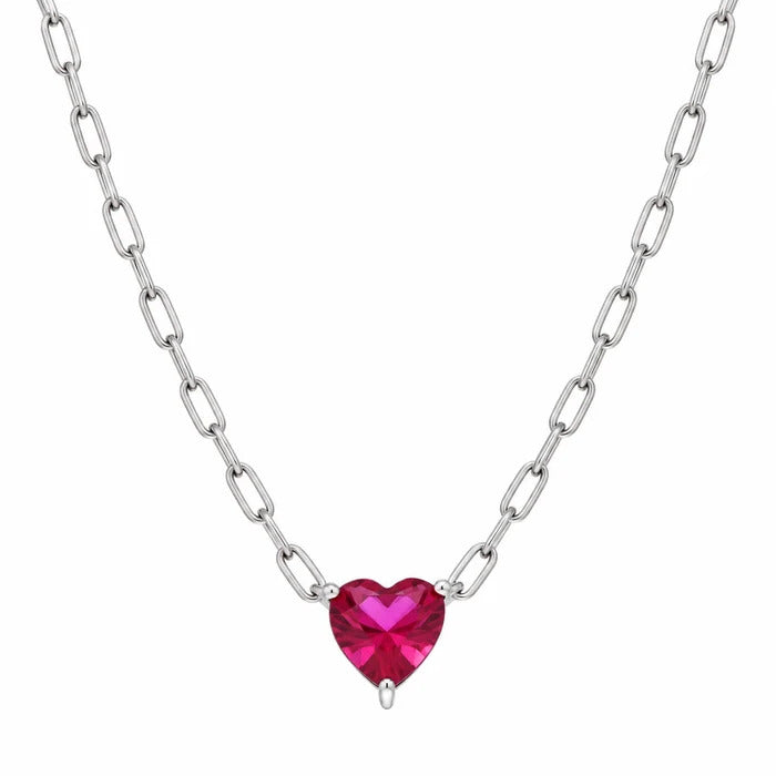 Sterling Silver Rhodium Plated Red CZ Heart Paper Link Chain Necklace