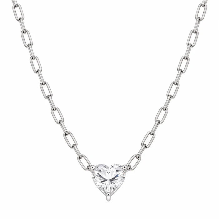 Sterling Silver Rhodium Plated Clear CZ Heart Paper Link Chain Necklace