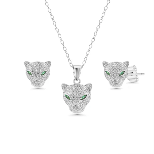 Sterling Silver Rhodium Plated Panther Emerald Eye And Clear CZ Set