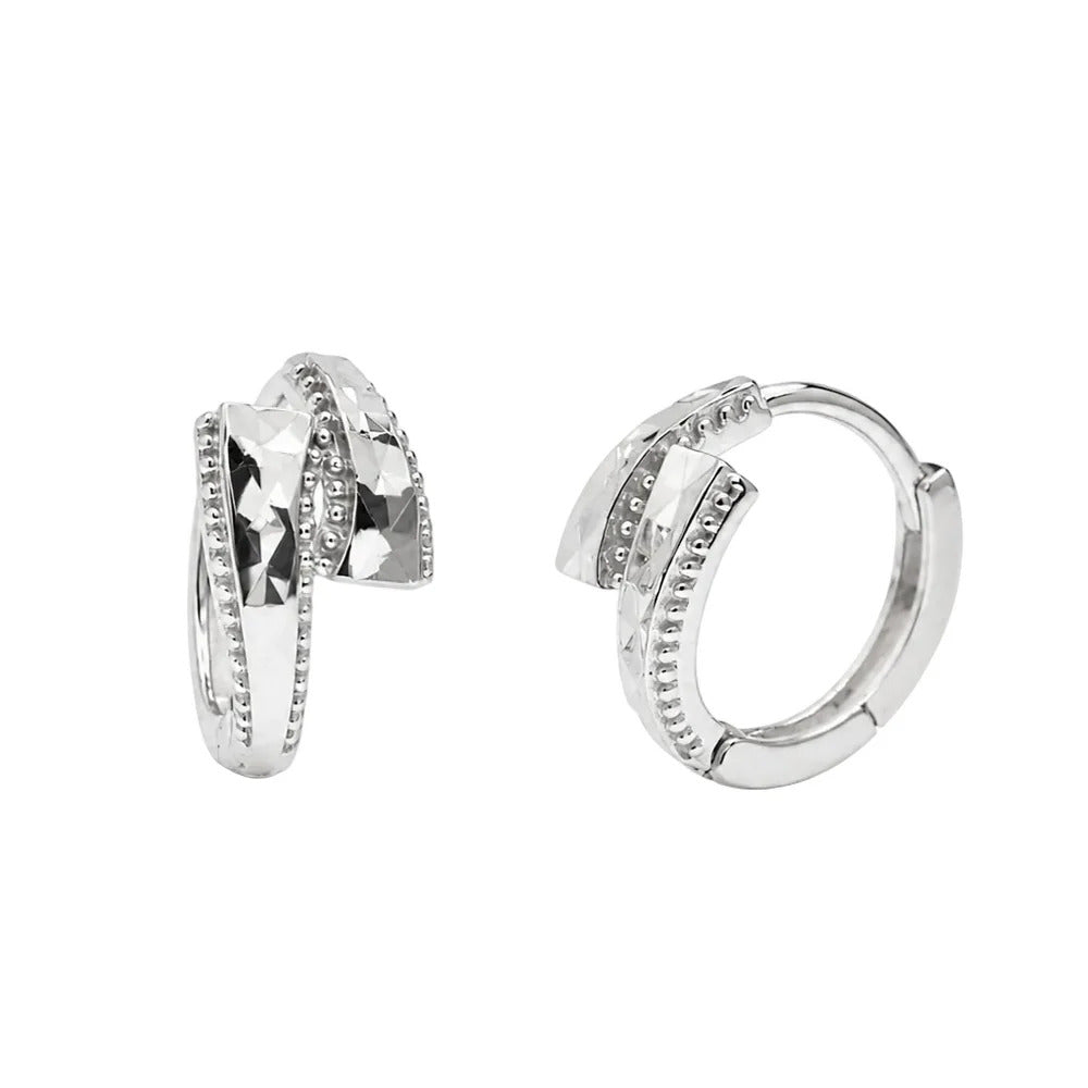 Sterling Silver Rhodium Plated Diamond Cut Geometric Hoop Earrings