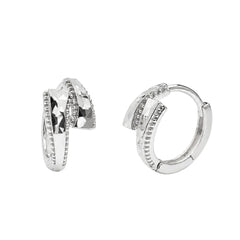 Sterling Silver Rhodium Plated Diamond Cut Geometric Hoop Earrings