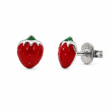 Load image into Gallery viewer, Sterling Silver Rhodium Plated Enamel Strawberry Stud Earrings