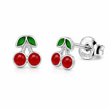 Load image into Gallery viewer, Sterling Silver Rhodium Plated Cherry Red Enamel Fruit Design And Green Leaf Accents Earrings
