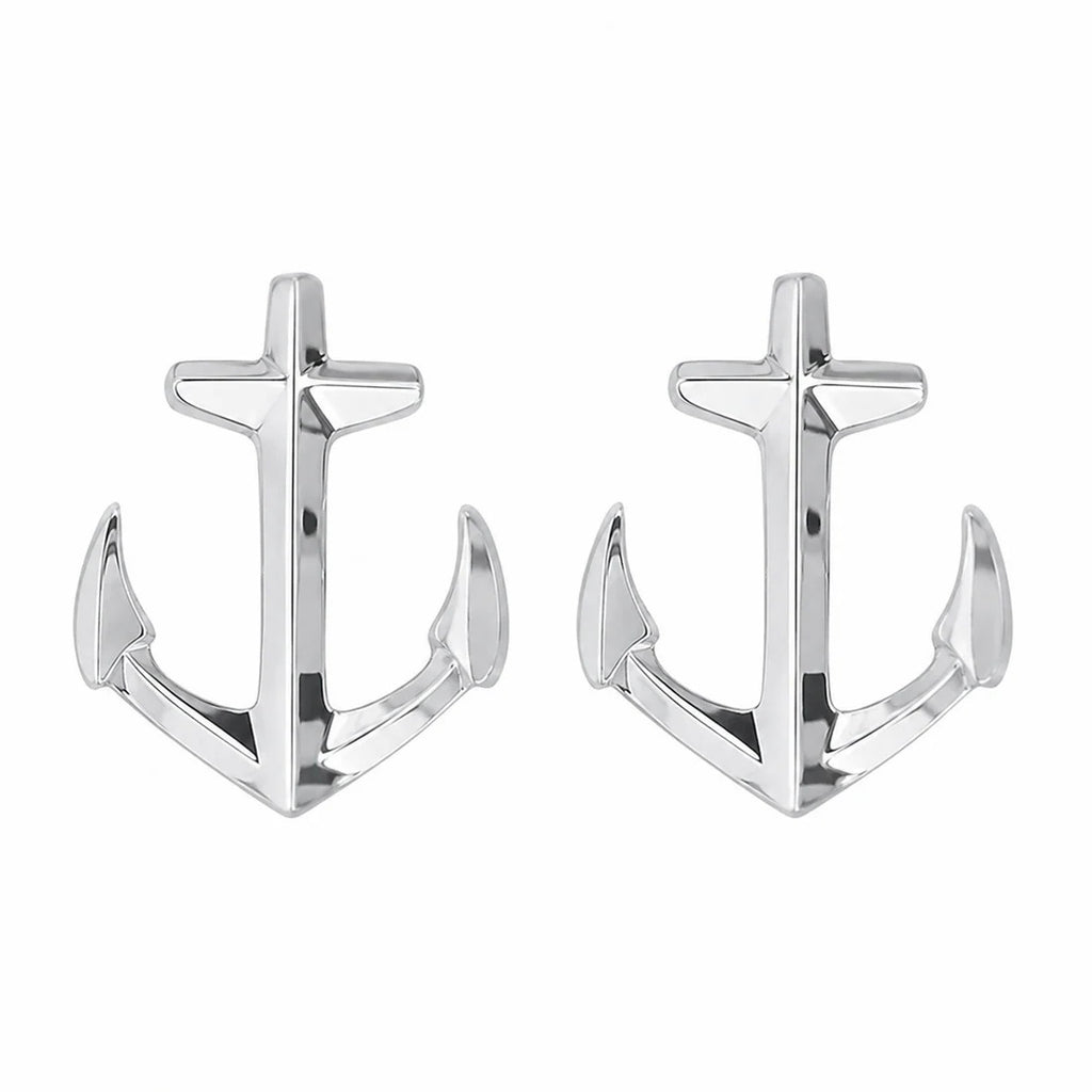 Sterling Silver Rhodium Plated Diamond Cut Anchor Stud Earrings