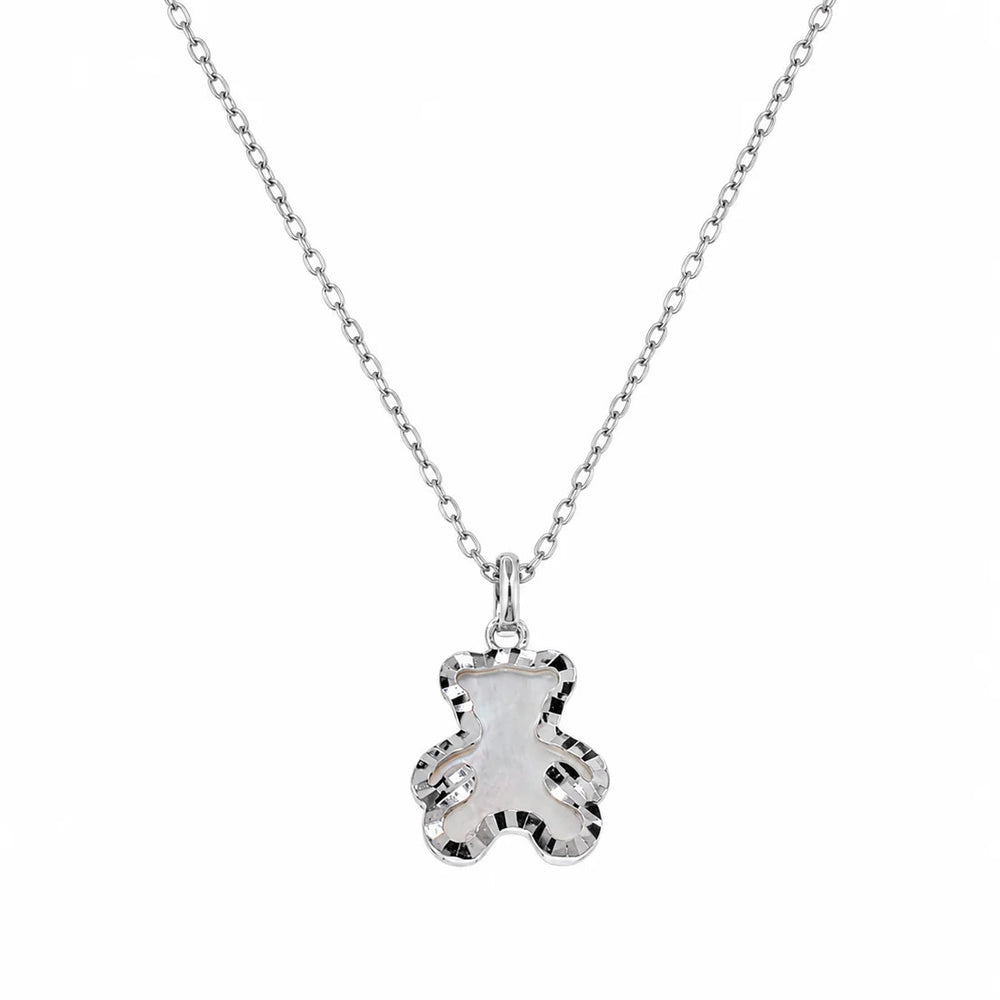 Sterling Silver Rhodium Plated Diamond Cut Dainty Teddy Bear Pearl Necklace