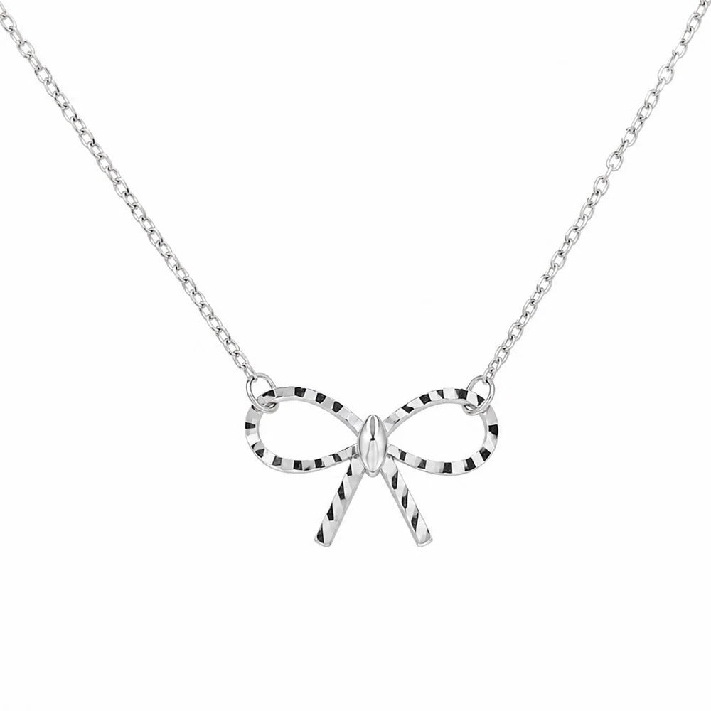 Sterling Silver Rhodium Plated Diamond Cut Dainty Ribbon Bow Necklace