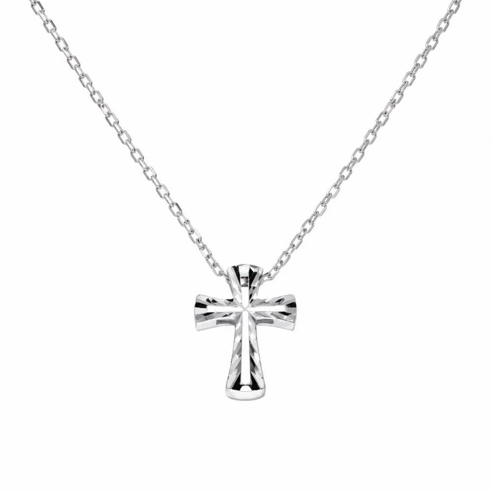 Sterling Silver Rhodium Plated Diamond Cut Cross Necklace