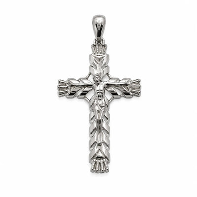 Sterling Silver Rhodium Plated Diamond Cut Large Ornate Faceted Cross Pendant