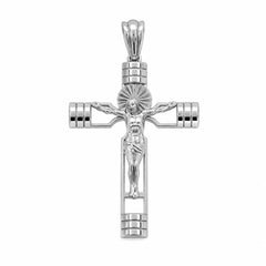 Sterling Silver Rhodium Plated Sacred Heart Diamond Cut Crucifix Cross Pendant