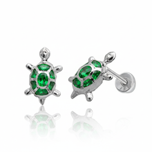 Load image into Gallery viewer, Tresoli Sterling Silver Rhodium Plated Green CZ Turtle Screw Back Earring