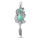 Sterling Silver Ornate Feather Turquois Pendant, Face Height 38.4mm
