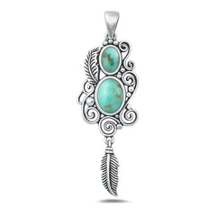 Sterling Silver Ornate Feather Turquois Pendant, Face Height 38.4mm
