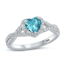 Load image into Gallery viewer, Sterling Silver Aquamarine Heart Stone Decorated with Clear CZ Stone Ring, Face Height 8MM