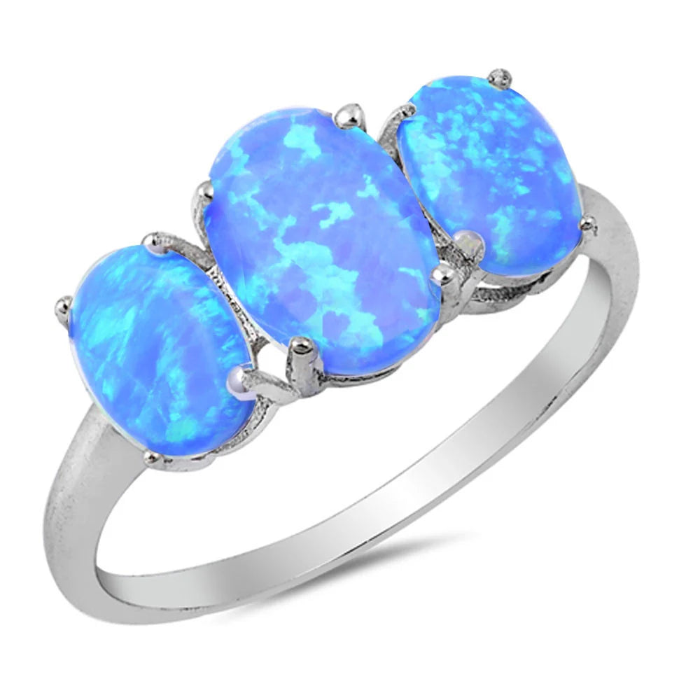 Sterling Silver Oval Three Stone Blue Opal Ring, Size 8