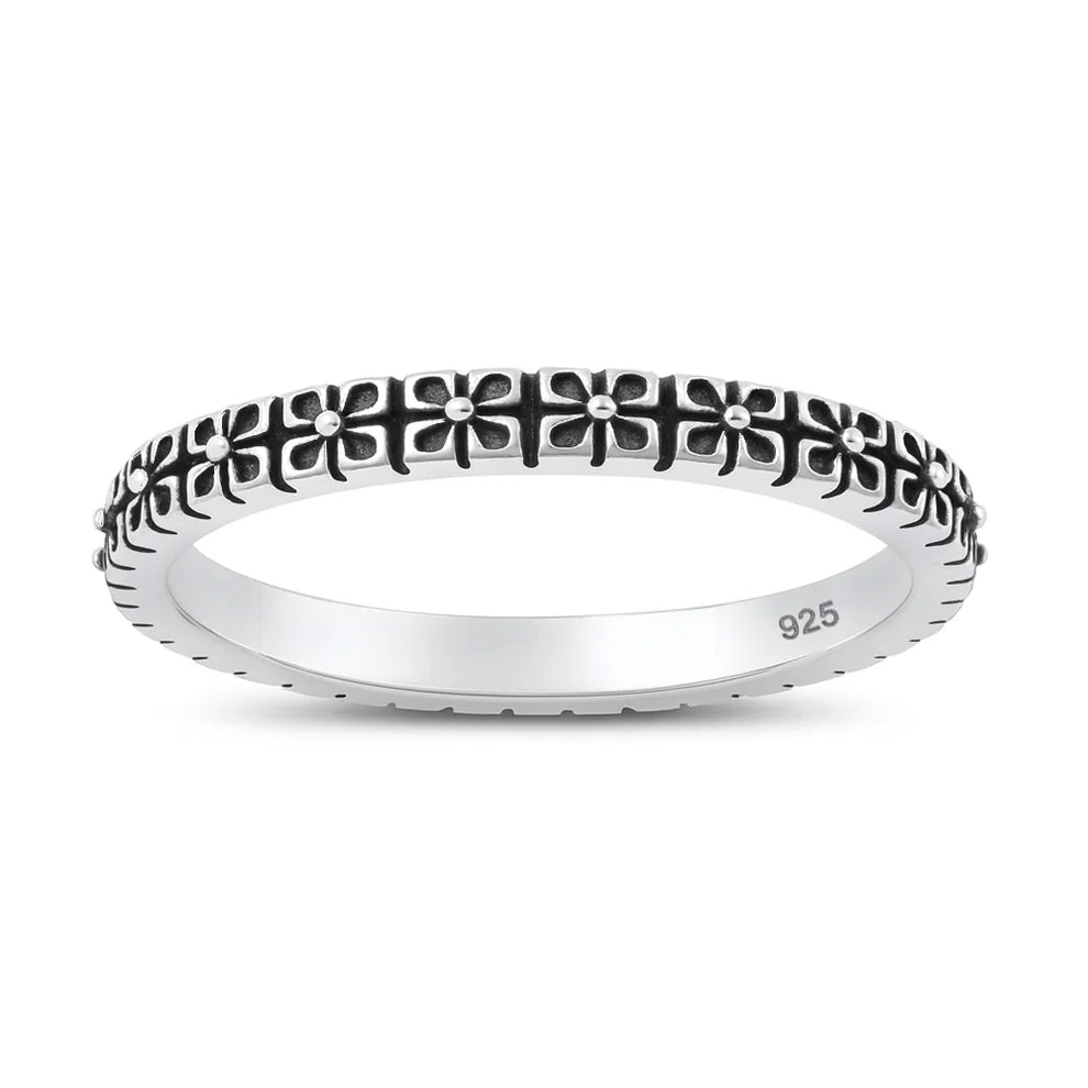 Sterling Silver Oxidized And Polished 2.2mm Flower Band Ring
