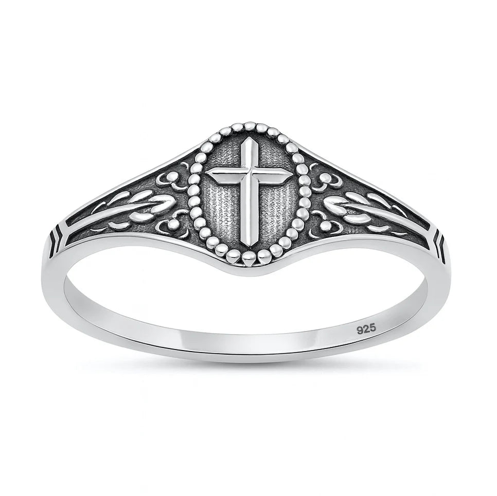 Sterling Silver Oxidized And Polished 7.6mm Oval Cross Ring