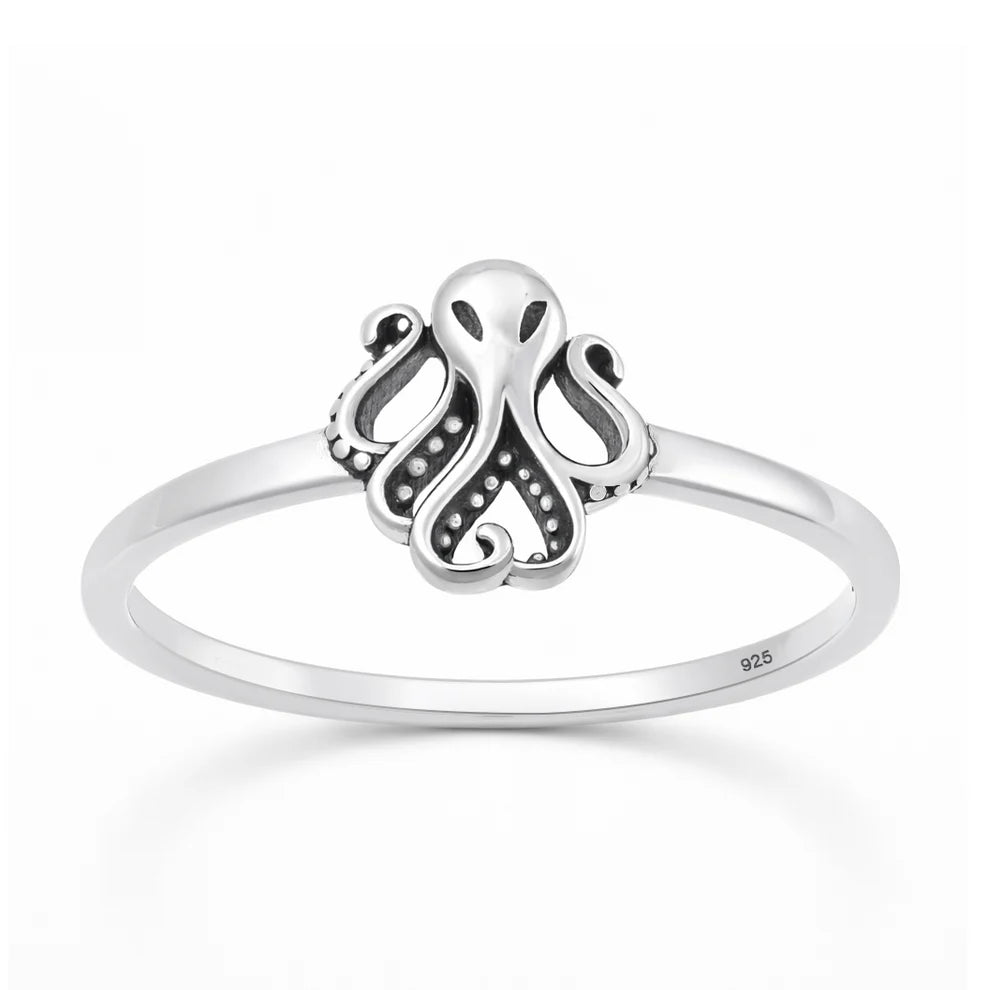 Sterling Silver Oxidized And Polished 8.7mm Octopus Ring