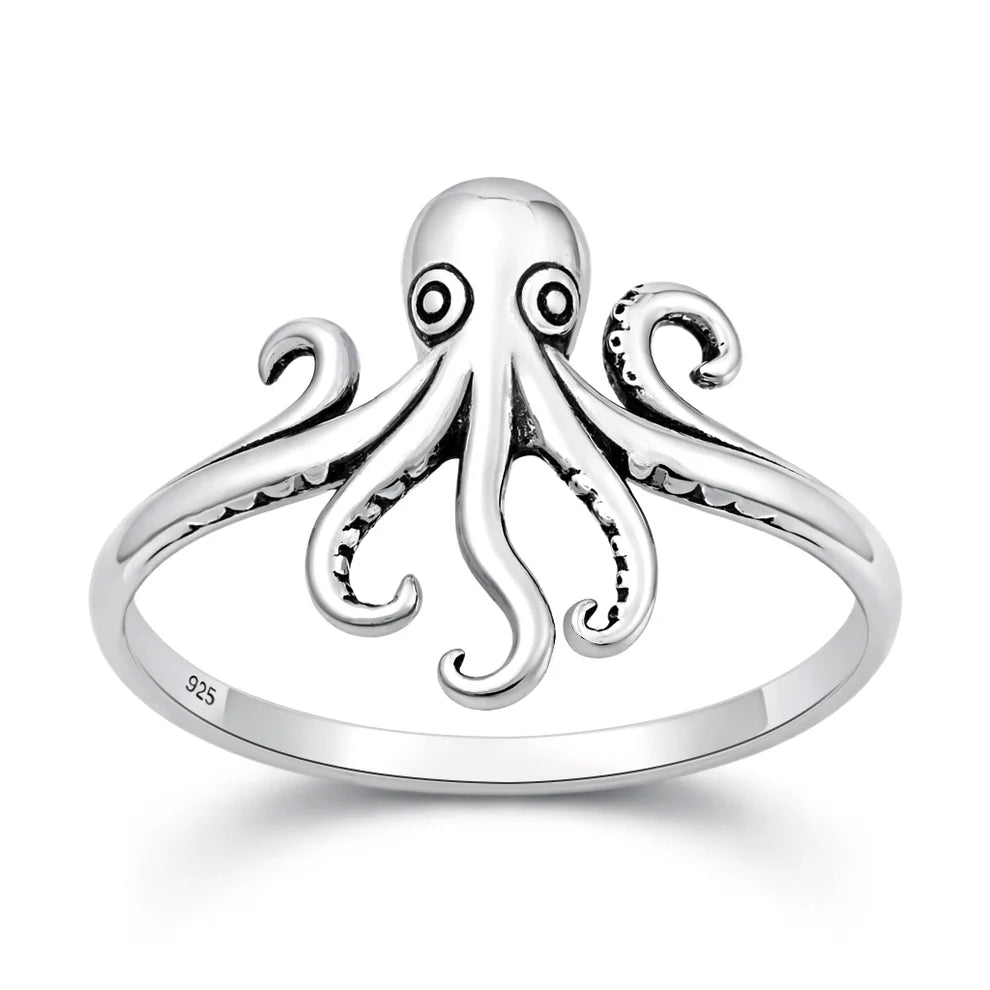 Sterling Silver Oxidized And Polished 9.5mm Octopus Ring