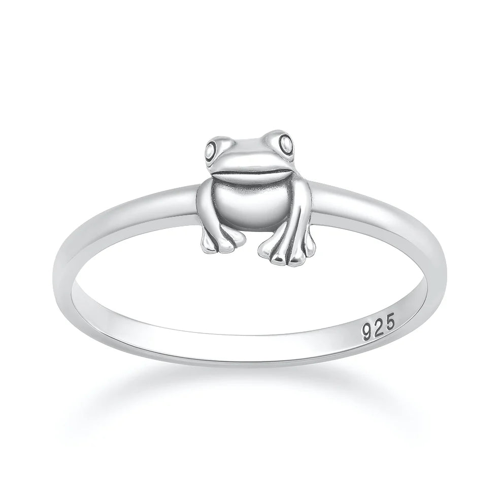 Sterling Silver Oxidized And Polished Hanging Frog Ring