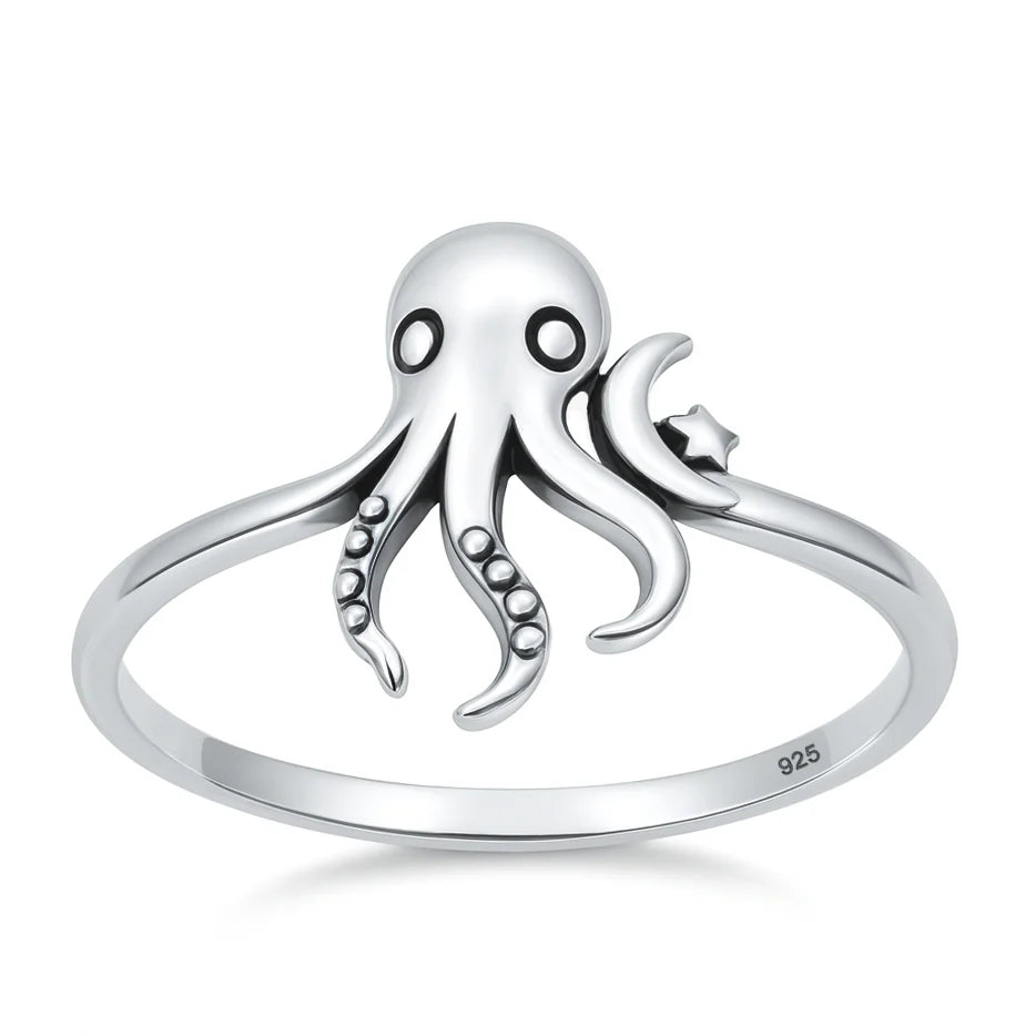 Sterling Silver Oxidized And Polished 14.4mm Octopus Ring