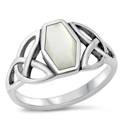 Sterling Silver Centered Mother of Pearl with Celtic Knot Design RingAnd Face Height of 11MMAnd Band Width: 3MM