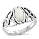 Sterling Silver Centered Mother of Pearl with Celtic Knot Design RingAnd Face Height of 11MMAnd Band Width: 3MM